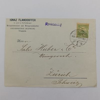 Hungarian stamp Sfiller with perfins used 1924 posted Sopron, Hungary to Zurich, Switzerland - all on letter front - with Nyomtatvany rubber stamp