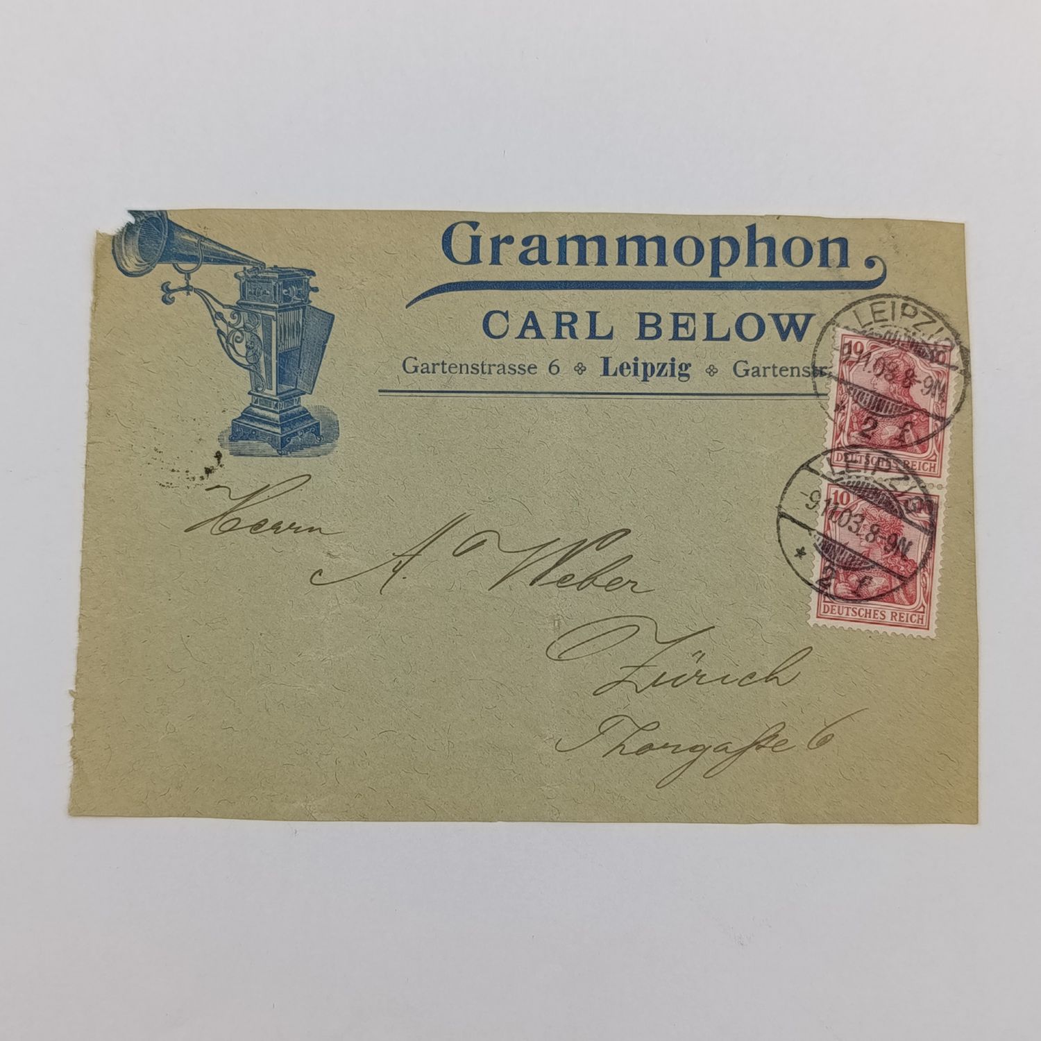 Letter front sent from Leipzig, Germany to Zurich, Switzerland with 2 German Reich 10 pfennig stamps cancelled 9-11-1903