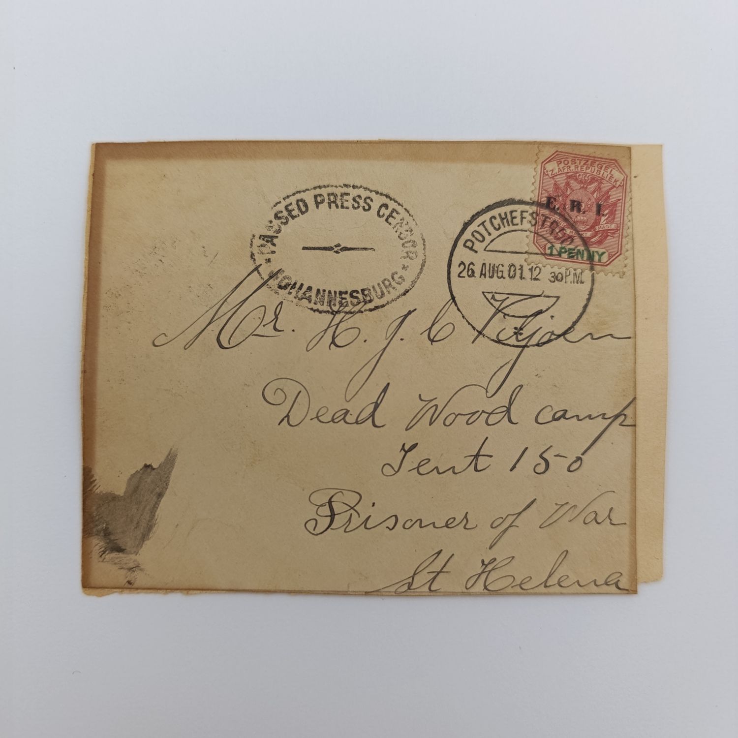 Boer War POW fronts stuck back to back one side Potchefstroom ZAR to AM Miller Deadwood Camp St Helena 1901 other side Potchefstroom, ZAR to HJC Viljoen Deadwood Camp St Helena 1901