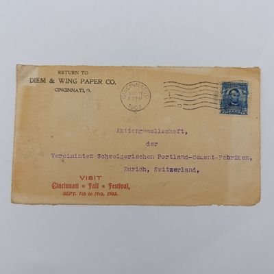 Letter front posted from Cincinnati, USA in 1903 to Zurich, Switzerland - Cincinnati full festival