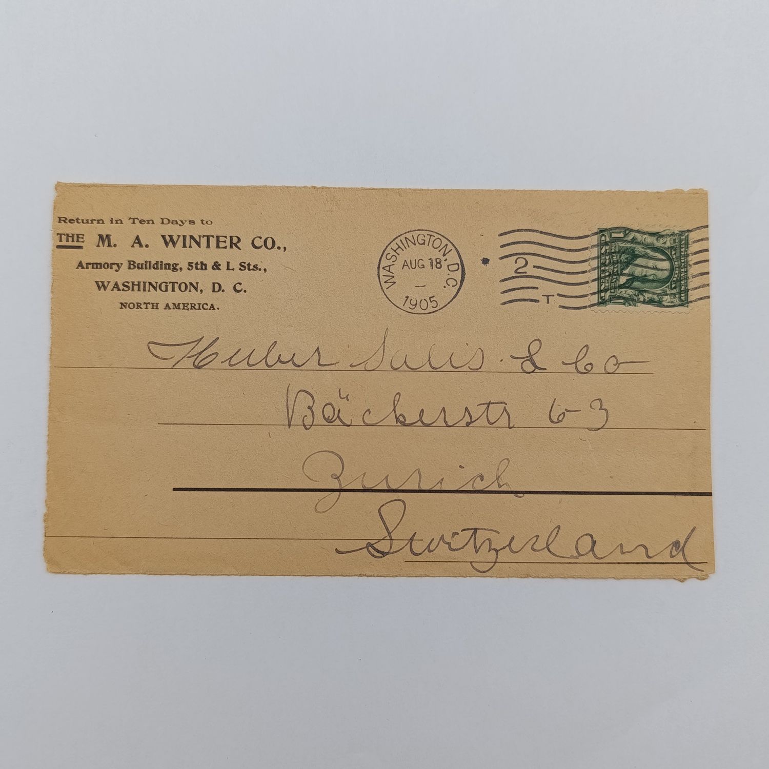 1905 Letter front posted from Washington DC, USA to Zurich, Switzerland with 1 cent Franklin stamp cancelled 18 Aug 1905 - MA Winter Co stationery
