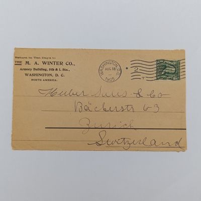 1905 Letter front posted from Washington DC, USA to Zurich, Switzerland with 1 cent Franklin stamp cancelled 18 Aug 1905 - MA Winter Co stationery