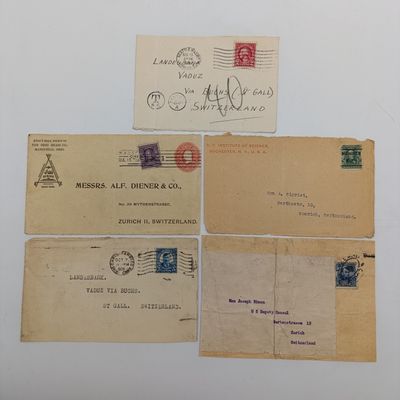 Lot of 5 postal fronts - all posted from the USA to Switzerland - one taxed cover - all 1926 &amp; earlier