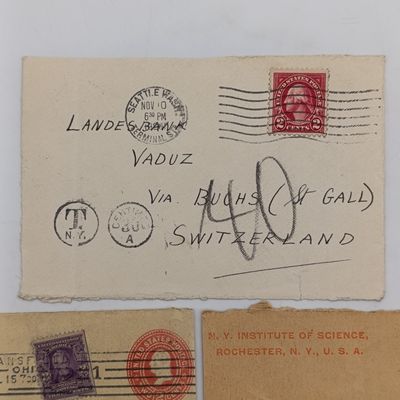 Lot of 5 postal fronts - all posted from the USA to Switzerland - one taxed cover - all 1926 &amp; earlier