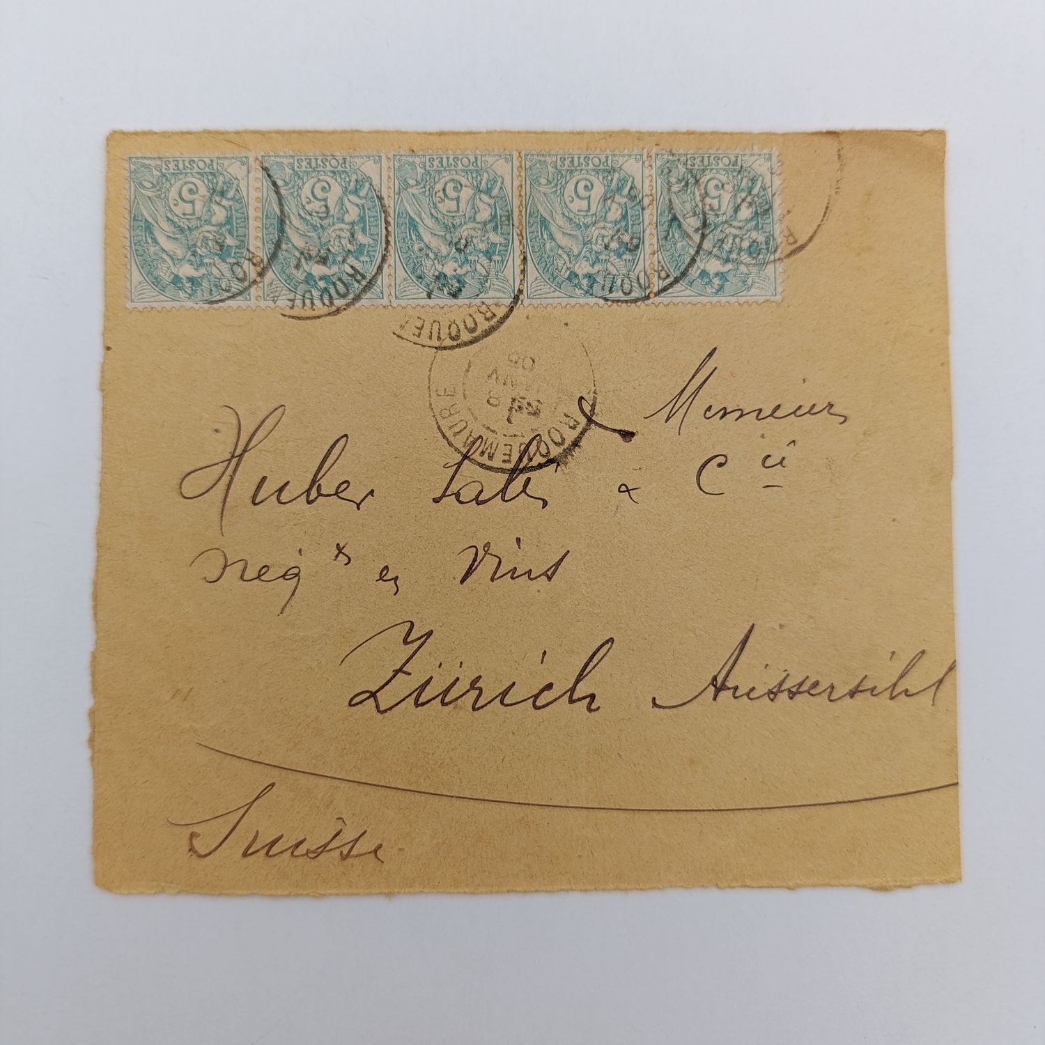 Letter front from Roquemaure, France to Zurich, Switzerland with 5x French 5c stamps cancelled 1905