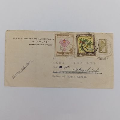 1948 Cover front posted from Columbia to Escourt, Natal South Africa, rerouted to Kirkwood, Cape Province - with 3x Columbia stamps cancelled 7 May 1948