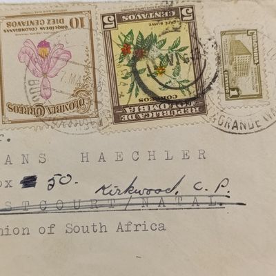 1948 Cover front posted from Columbia to Escourt, Natal South Africa, rerouted to Kirkwood, Cape Province - with 3x Columbia stamps cancelled 7 May 1948