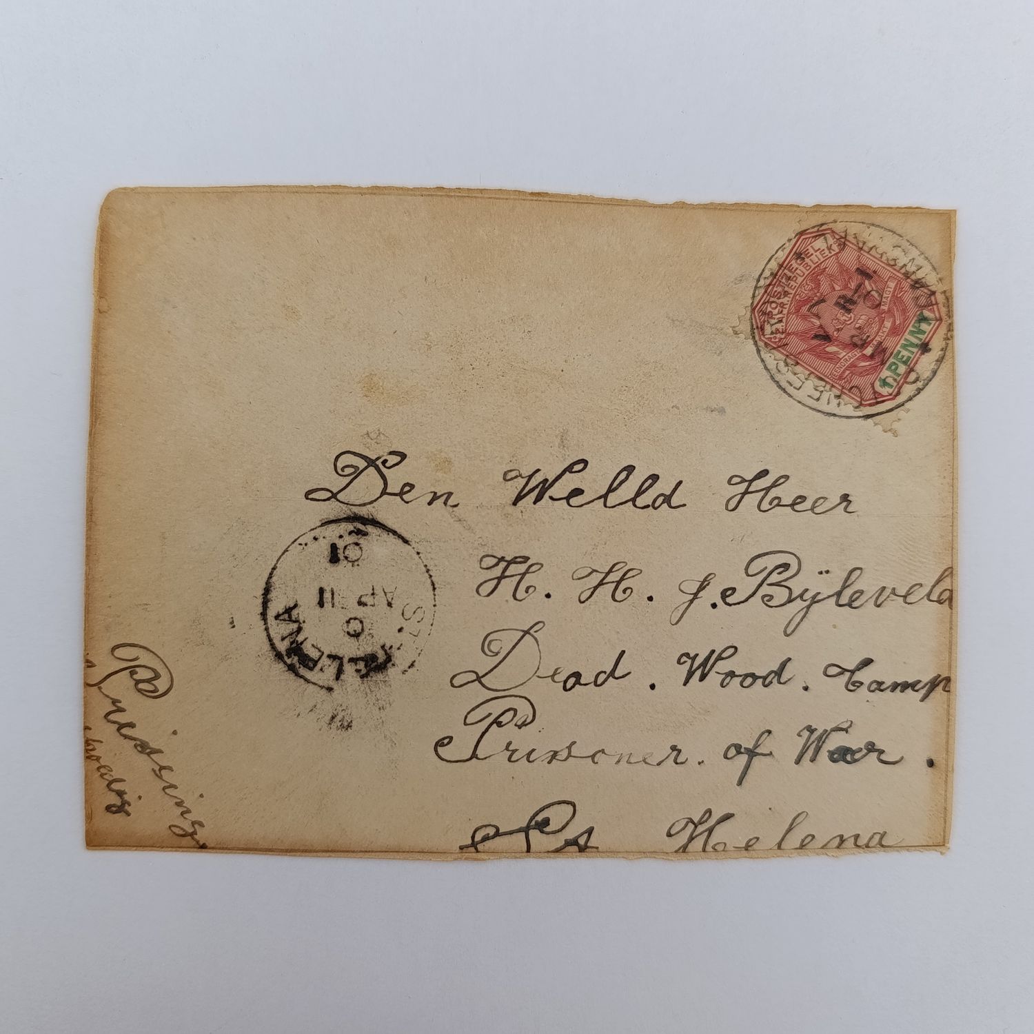 Boer War POW Pair of fronts stuck back to back - one side Germinston ZAR to WH Gravett St Helena 12 May 1900 - other side Potchefstroom ZAR to HHJ Byleveld, Dead Wood Camp, St Helena 1901