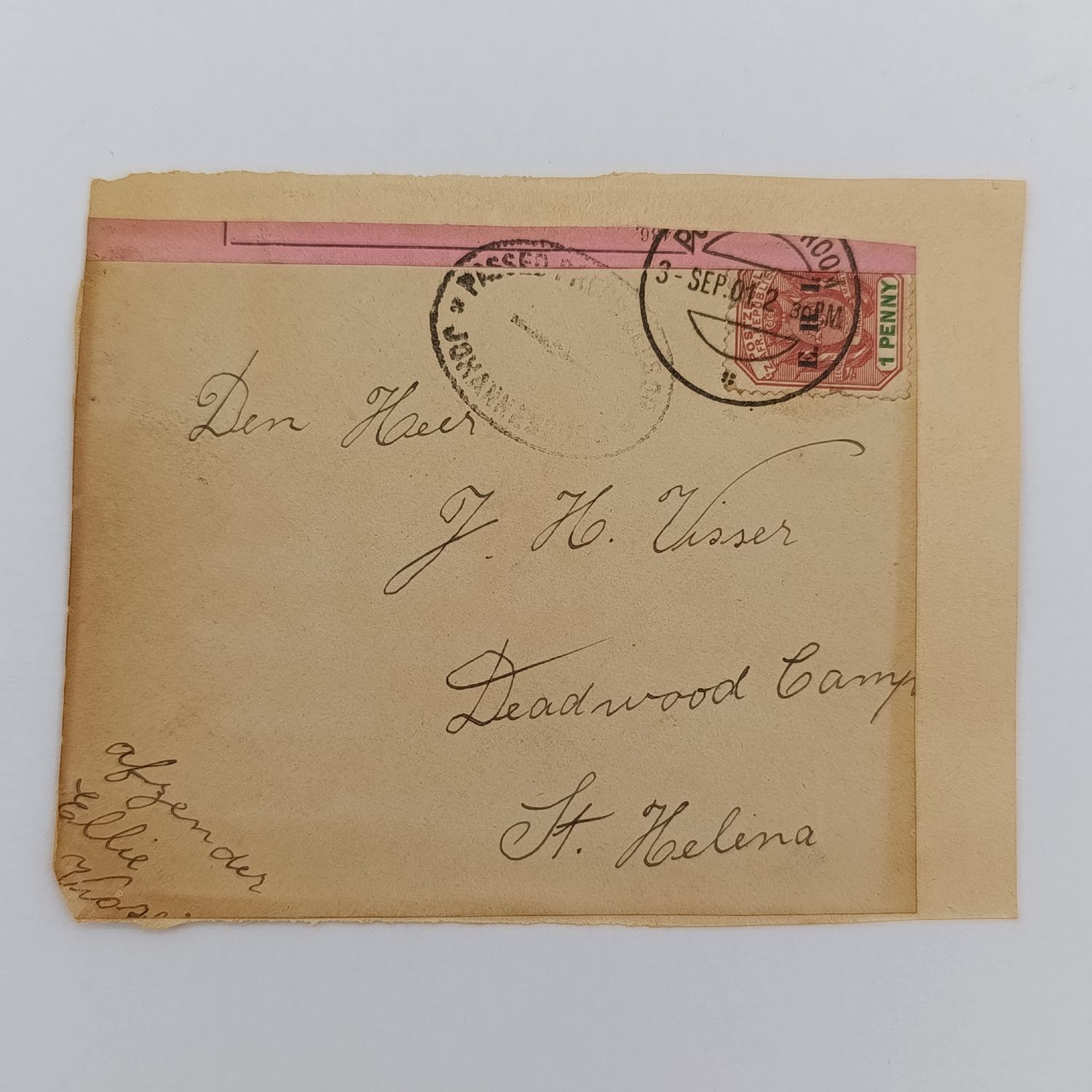 Pair of Boer War POW fronts stuck back to back - one side Germiston ZAR to CJ van Niekerk Deadwood Camp St Helena 1901 other side Potchefstroom, ZAR to JH Visser Deadwood Camp St Helena 1901