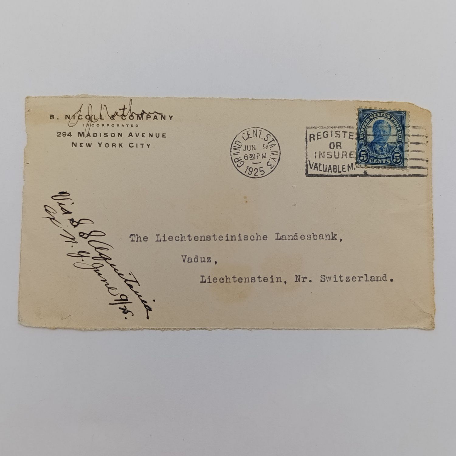 Letter front posted 1925 from Grand Central Station New York to Vaduz, Liechtenstein - per steamship