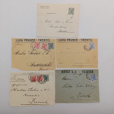 Lot of 5 Austrian postal fronts to Zurich Switzerland dates to roughly 1900-1910 - with total of 9 stamps