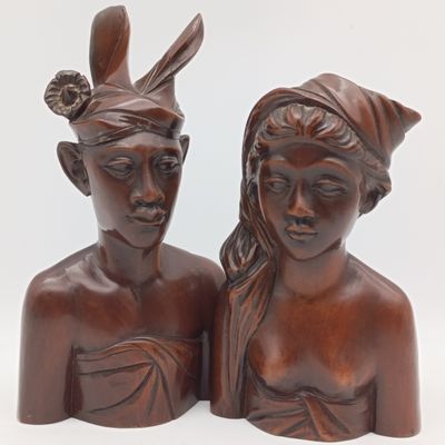 Pair of Wooden Carved Bali male and female busts