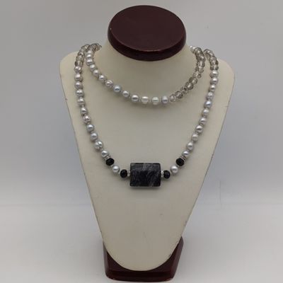 Grey freshwater pearls with crystals and Zebra Jaspin stone 95cm long