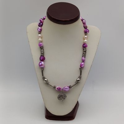 Pink and white free form pearl, necklace with small bell 44 cm long