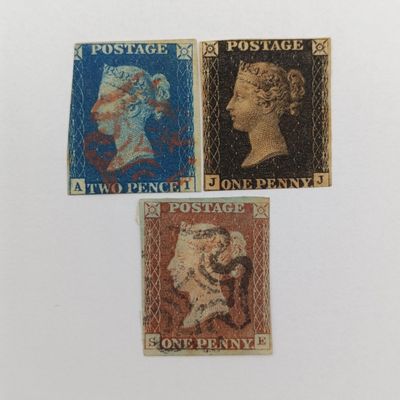 Great Britain lot of 3x  1840/4 stamps  SG2 Penny Black (JJ corners)   SG5 Penny blue (AI corners)   SG8 Penny Red (SE corners)   All small crown watermark