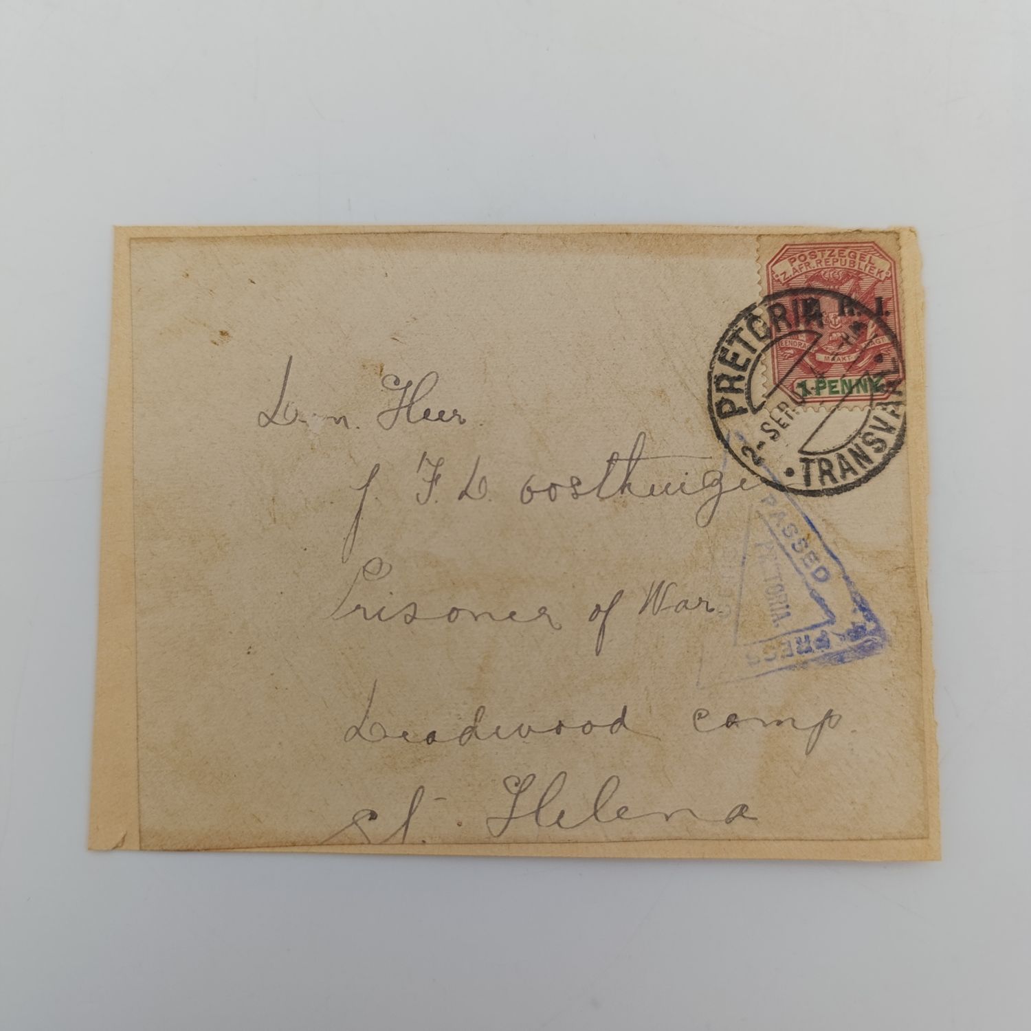 Pair of Boer War POW fronts stuck back to back - One side to FW Buitendag, POW, c/o Colonel Leefe, St Helina with 2 1/2 penny ZAR stamp cancelled 2 Jul 1900
