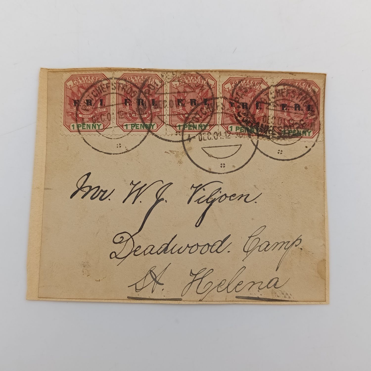 Pair of Boer war POW fronts stuck back to back - one side to WW Deijsel, POW, St Helena Deadwood Camp with red Christiana cancellation 26 Sep 1901 that missed stamp plus red passed Press rubber stamp