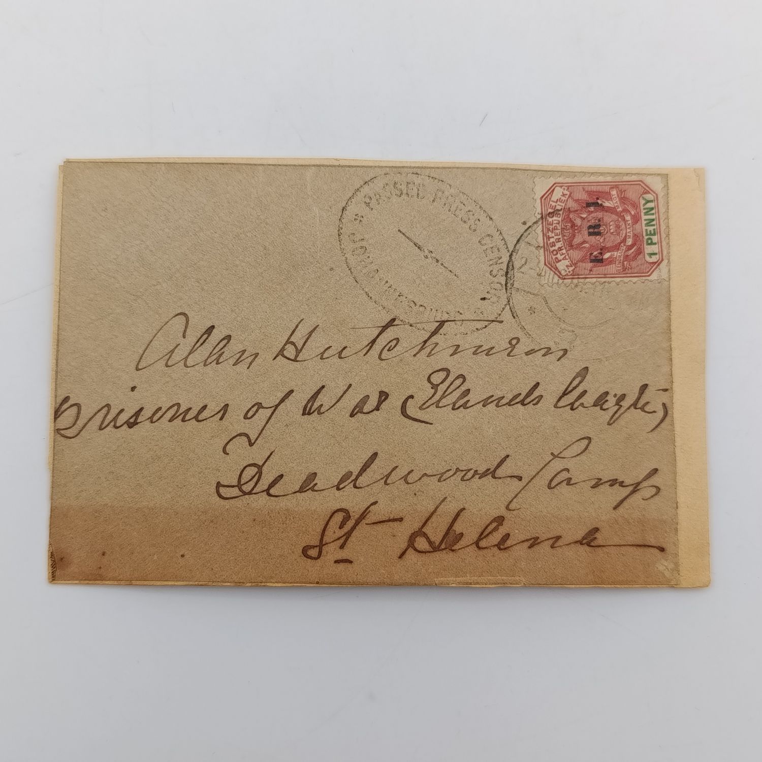 Pair of Boer War POW fronts stuck back to back - one side to MM Bresler, POW, Deadwood Camp, St Helena with 1 penny ZAR stamp overprinted ERI cancelled 2 Dec 1901