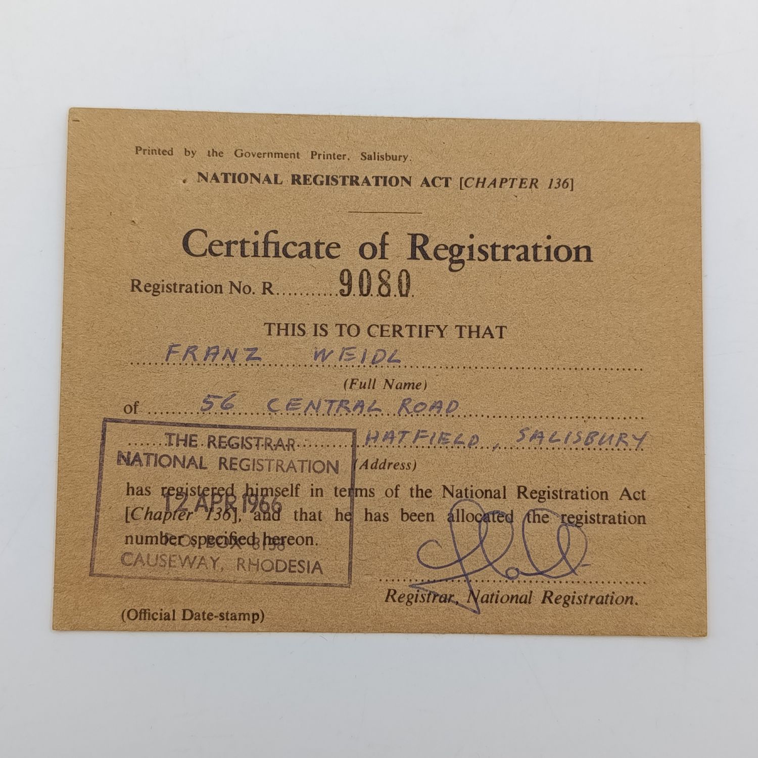 Vintage Rhodesian Certificate of Registration of Franz Weidl - Registration no. 9080