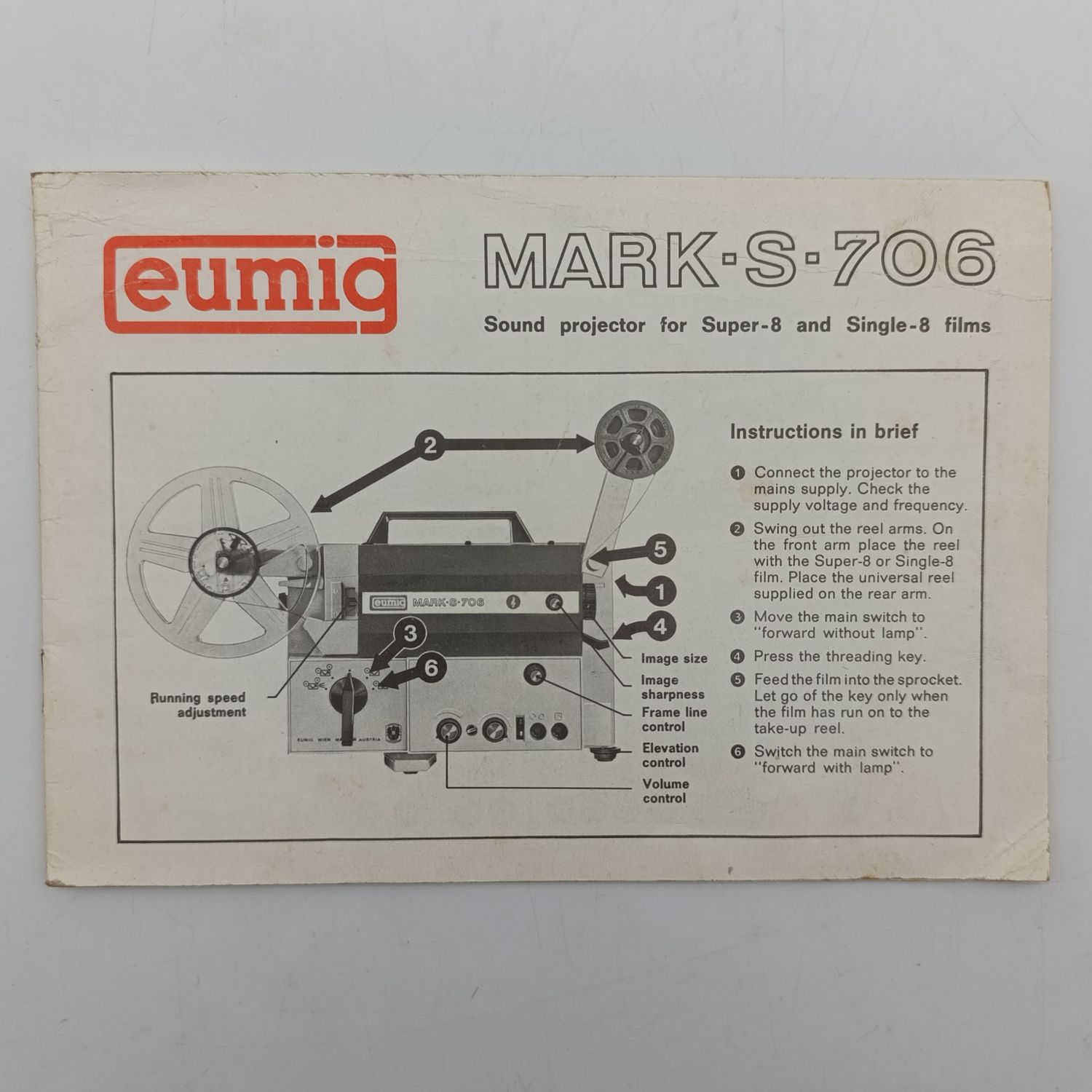 Eumig Mark-S-706 Sound projector for super-8 and single-8 films instructions manual booklet