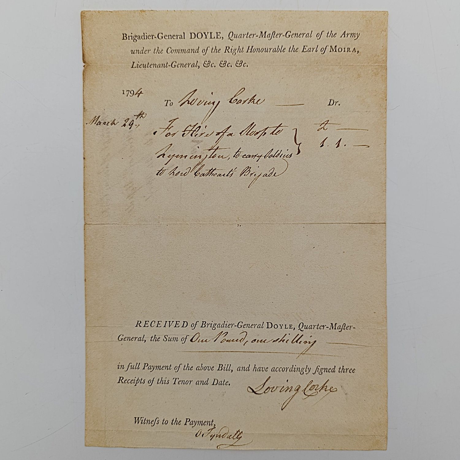 1794 Receipt to Loving Corke from Brigadier-General Doyle for the hire of a sloop to Lymington to carry soldiers to Cathcart's Brigade for amount of one pound, One shilling