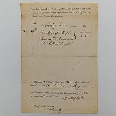 1794 Receipt to Loving Corke from Brigadier-General Doyle for the hire of a sloop to Lymington to carry soldiers to Cathcart&#39;s Brigade for amount of one pound, One shilling