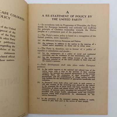 The Native and coloured peoples policy of the united party - Original Apartheid document