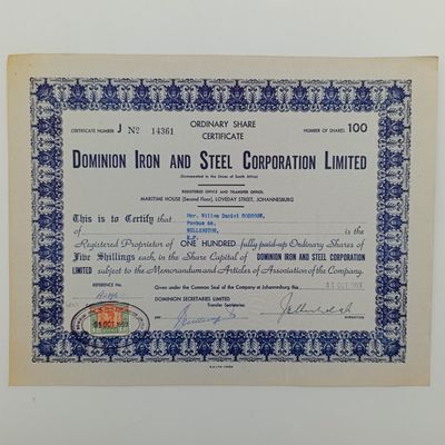 Stock certificate - # J14361 - 31 Oct 1953 - for the Dominion Iron and Steel corporation Ltd - 100 shares of 5 shillings each