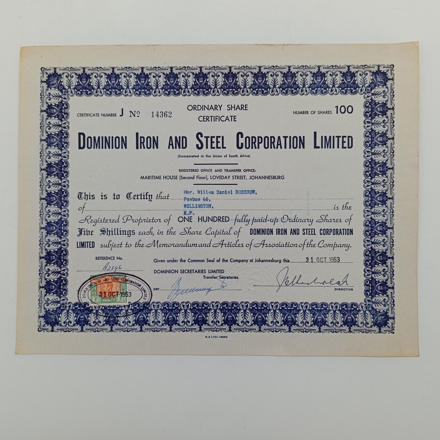 Stock Certificate - # J14362 - 31 Oct 1953 - for the Dominion Iron and steel corporation Ltd - 100 shares of 5 shillings each
