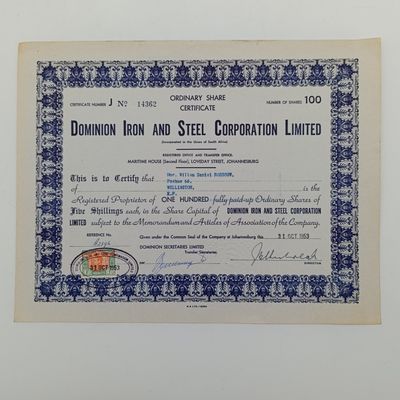 Stock Certificate - # J14362 - 31 Oct 1953 - for the Dominion Iron and steel corporation Ltd - 100 shares of 5 shillings each