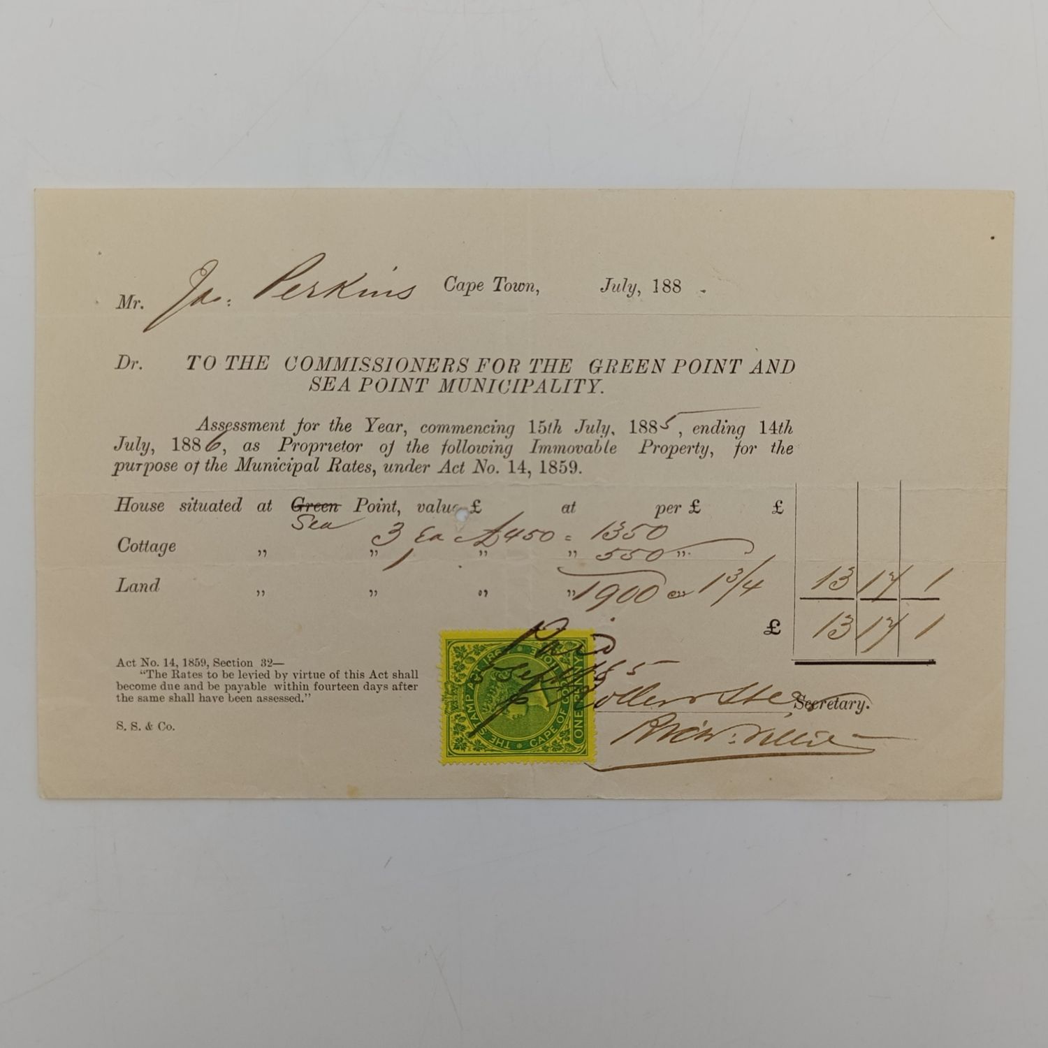 Municipal Tax Assessment - 1885 - Issued by Green point and Sea point Municipality to Jas Perkins - in the amount of €13