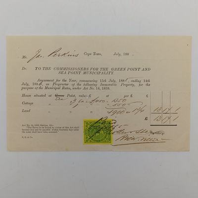 Municipal Tax Assessment - 1885 - Issued by Green point and Sea point Municipality to Jas Perkins - in the amount of €13