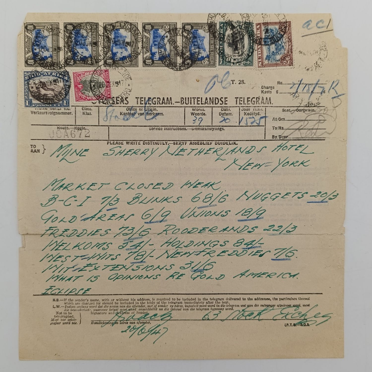 Telegram dated 1947 with 9 South Africa stamps including 5 x 10 shillings a stock report sent from South Africa to USA