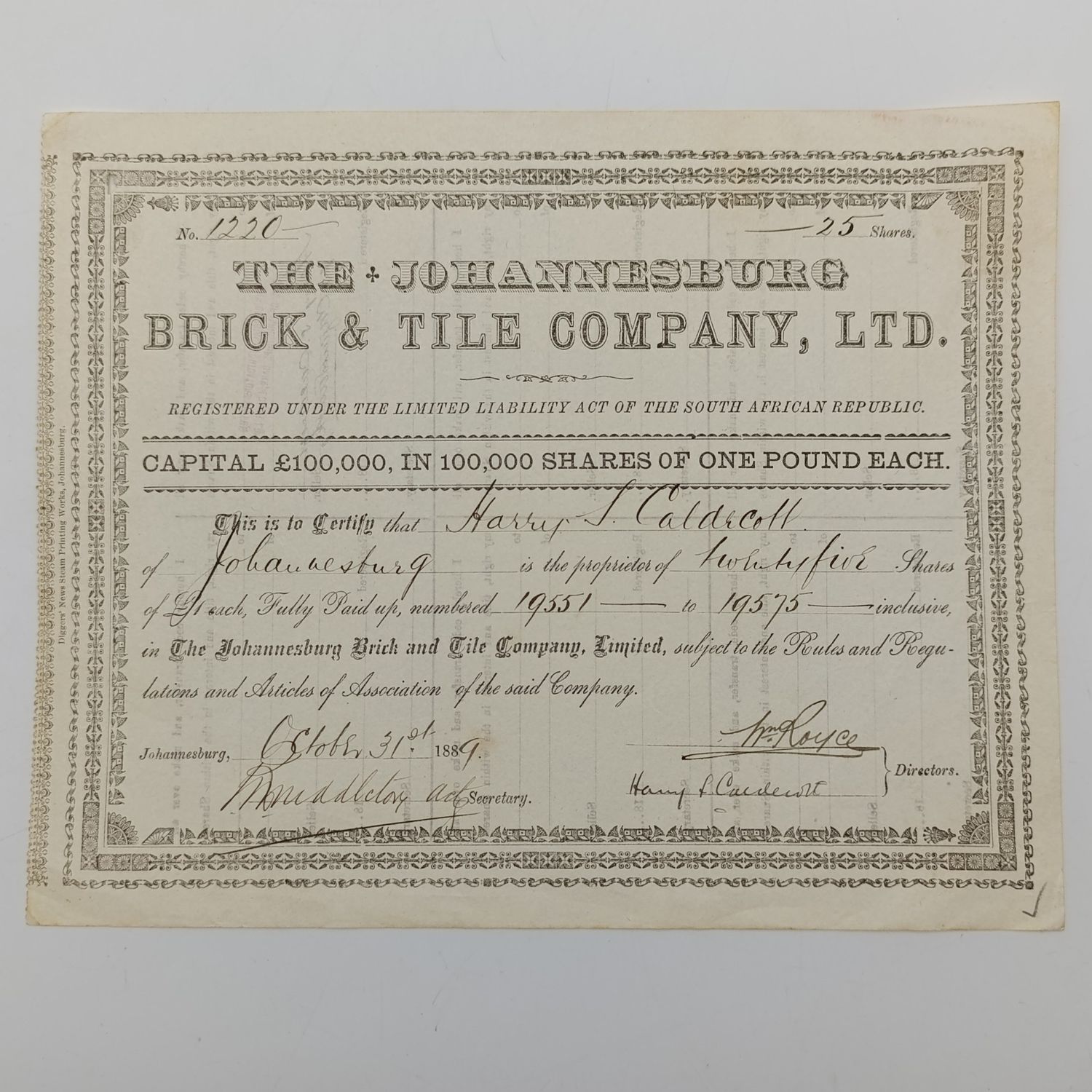 Share certificate dated 31st October 1889 for the Johannesburg Brick and Tile Company for 25 shares of £ 1 each