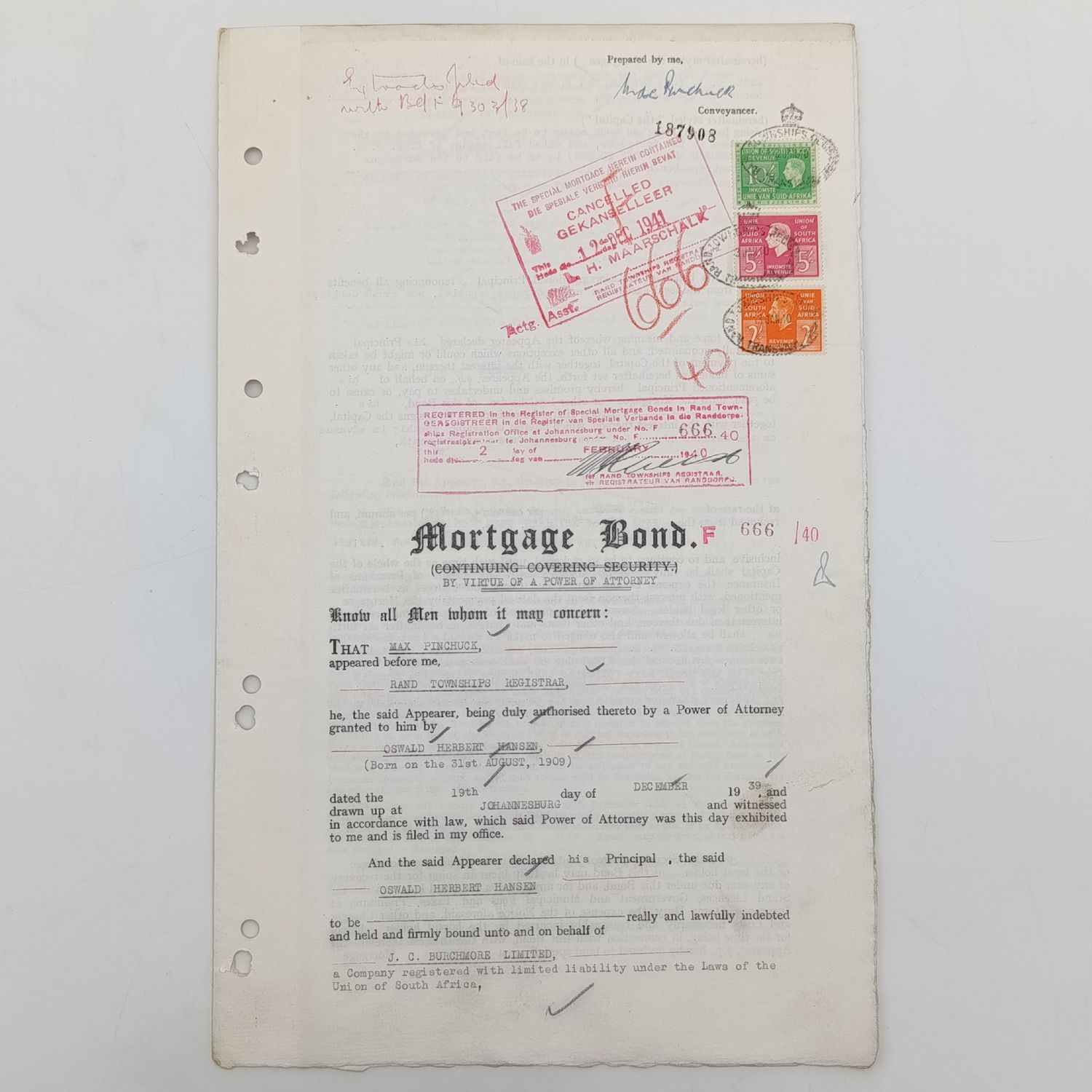 Mortgage Bond allowed in 1939 in favour of JC Burchmore Ltd by Oswald Herbert Hansen over a lot in Gardens Township, Klipfontein, Johannesburg - 3 Revenue stamps