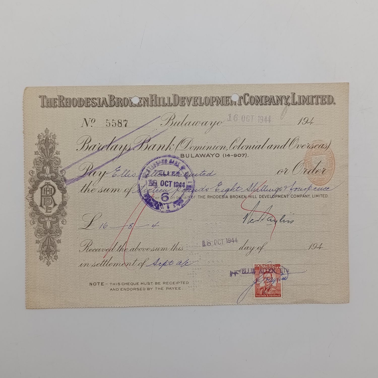 Cheque - 16 Oct 1944 - Drawn by The Rhodesia Broken Hill Development Company Ltd in favor of Ellis Allen limited - to the amount of 16-8-4