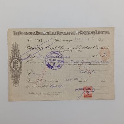 Cheque - 16 Oct 1944 - Drawn by The Rhodesia Broken Hill Development Company Ltd in favor of Ellis Allen limited - to the amount of 16-8-4