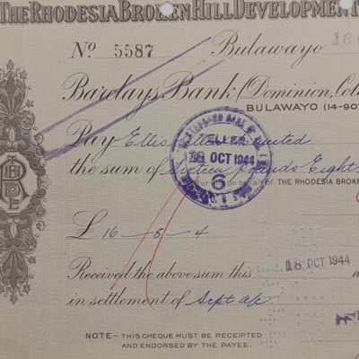 Cheque - 16 Oct 1944 - Drawn by The Rhodesia Broken Hill Development Company Ltd in favor of Ellis Allen limited - to the amount of 16-8-4