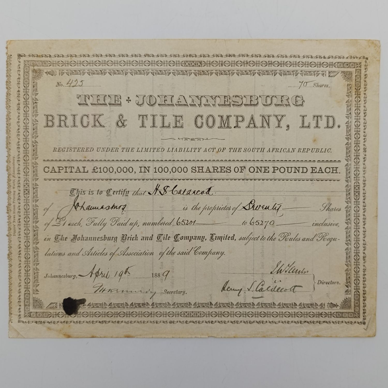 Share certificate dated 19th April 1889 for the Johannesburg Brick and Tile company for 70 shares of £1 each