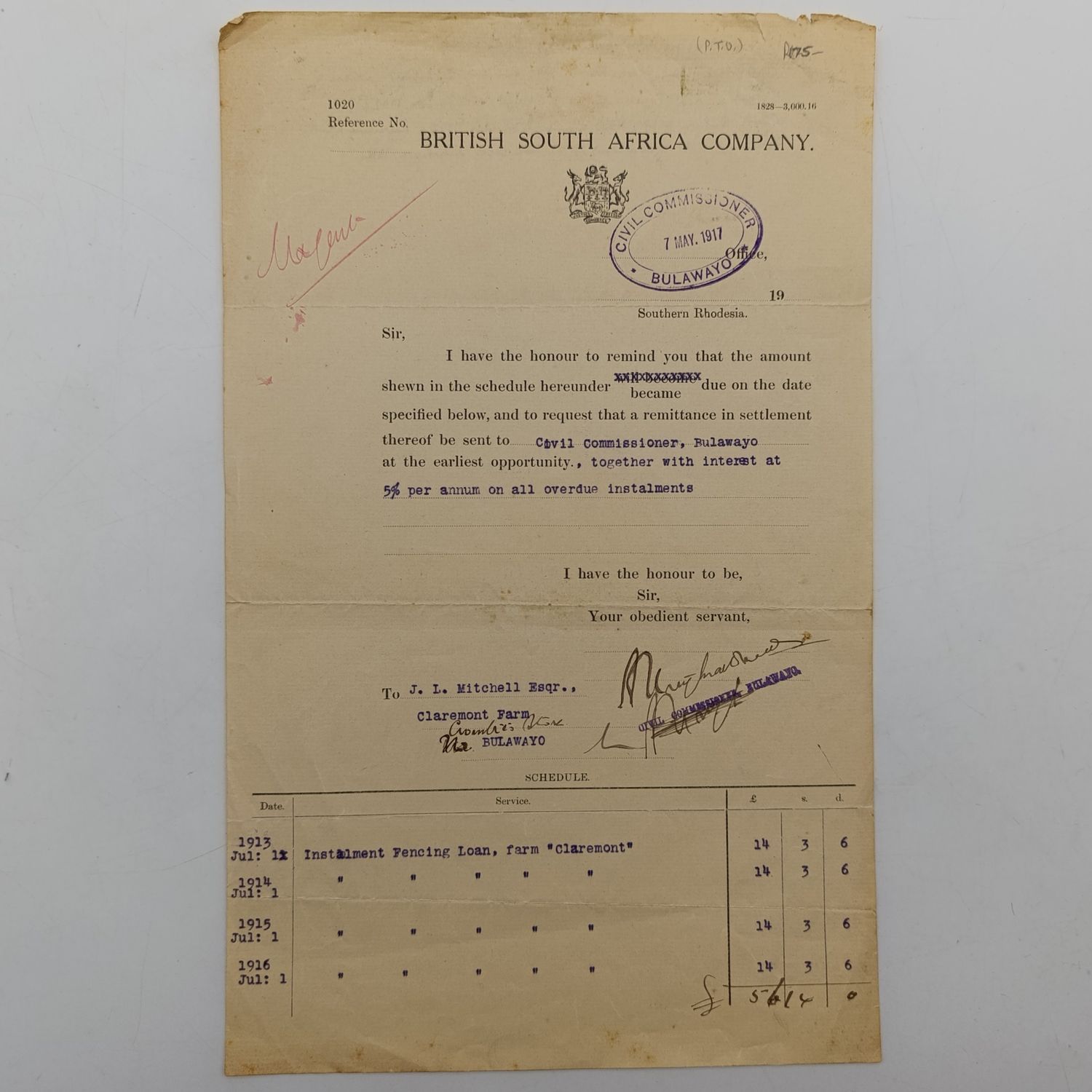 1917 BSA Company civil commissioner payment reminder signed by A.V. MacDonald