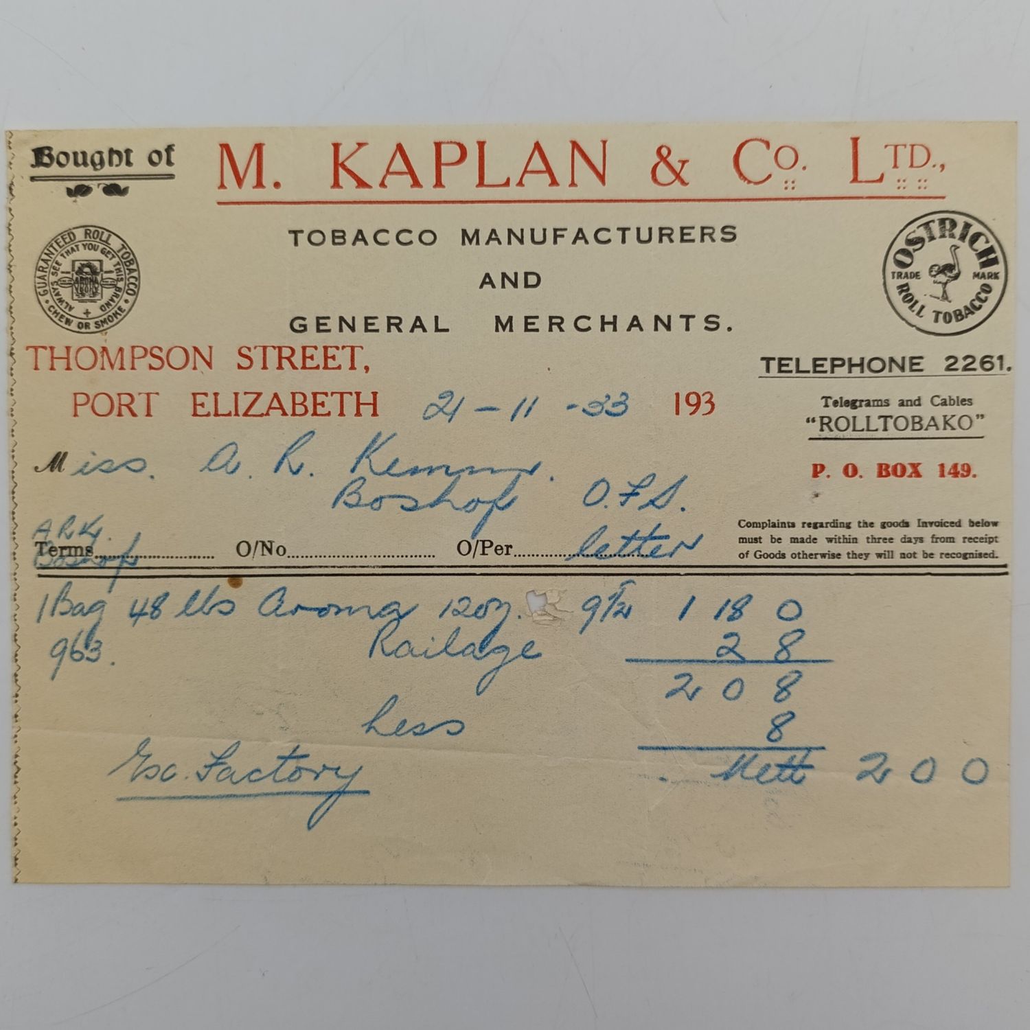 M Kaplan and 0 Tobacco Manufacturers ( Ostrich Roll Tobacco ) 1933 receipt for tobacco bought