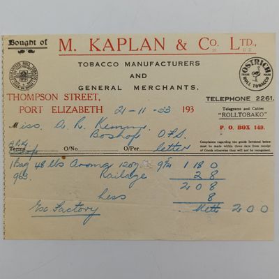 M Kaplan and 0 Tobacco Manufacturers ( Ostrich Roll Tobacco ) 1933 receipt for tobacco bought