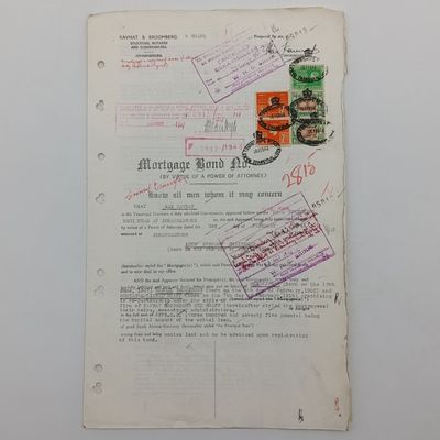 Mortgage Bond given to JS Craigheid by Kavnat, Broomberg &amp; Graff on a portion of Kensington Township, Doornfontein, Johannesburg during 1944 with 5 Revenue stamps
