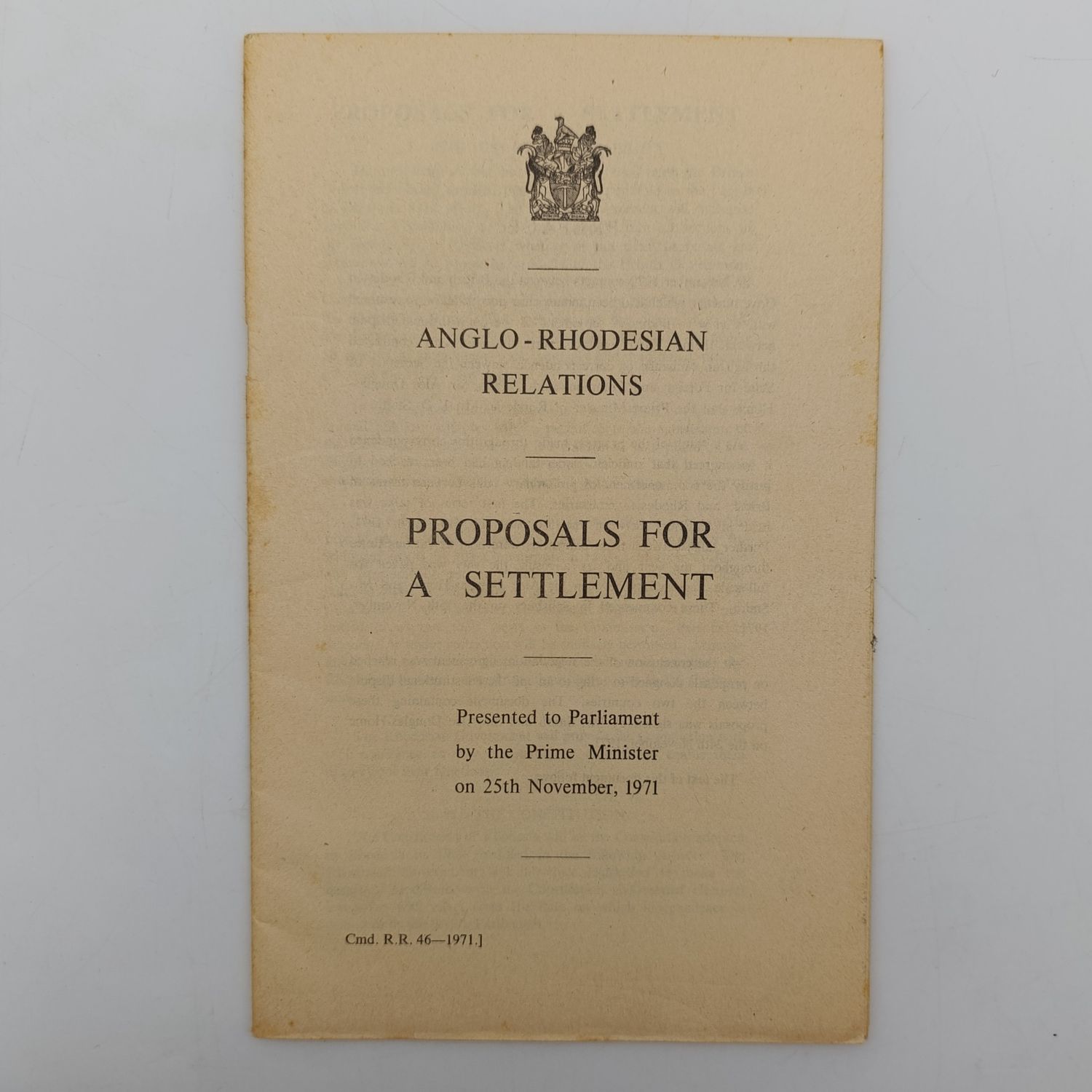 Rhodesian 25 November 1971 Anglo-Rhodesian relations proposals for a settlement - original booklet