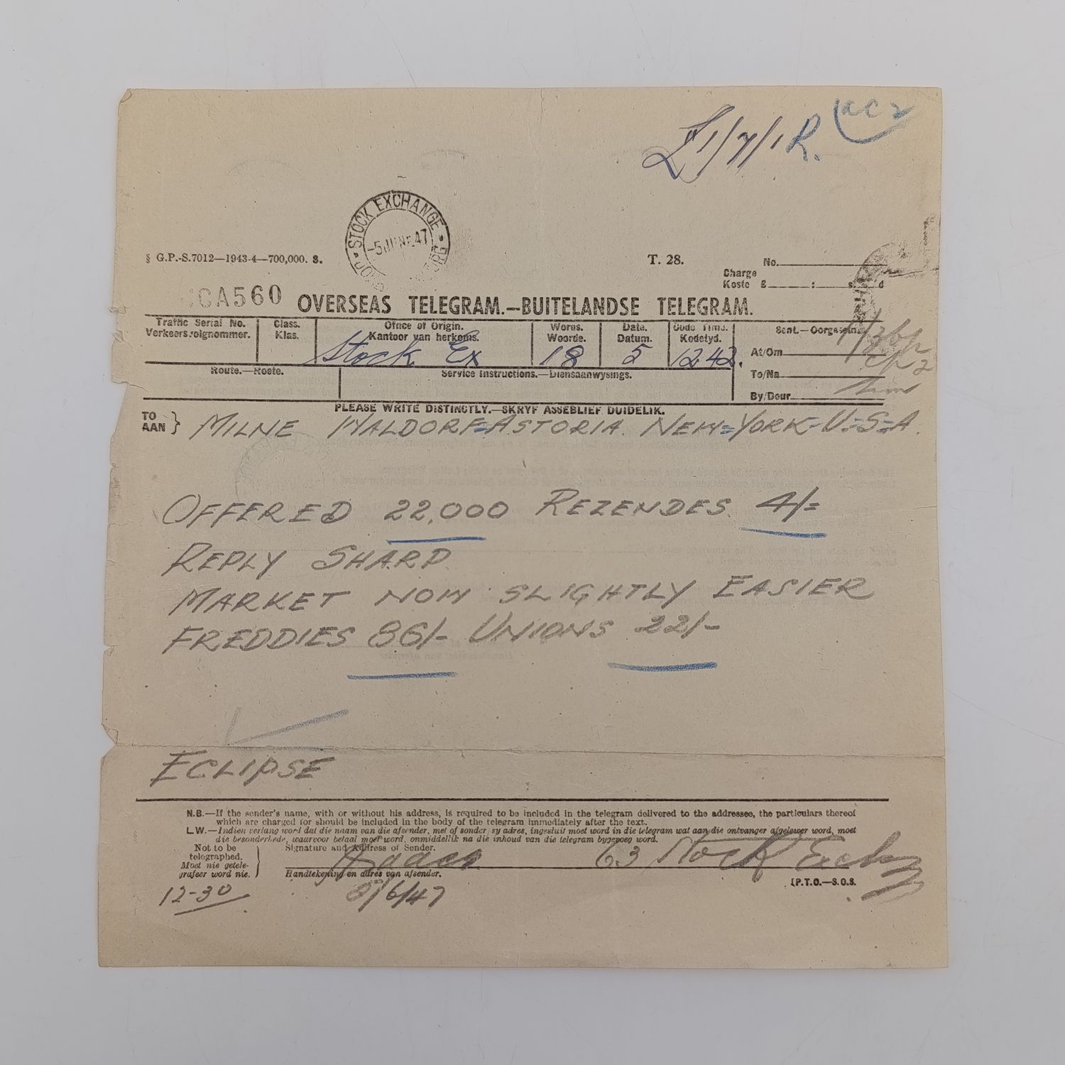 Telegram dated 1947 with 2 pairs of South Africa 5 Shilling stamps - 8 stamps in total sent from Johannesburg to New York