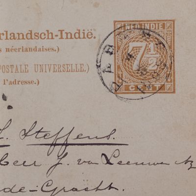 1889 postal card with 7.5c pre-printed postage - Nederlanandsche Indie to Almaar, Netherlands via Genua