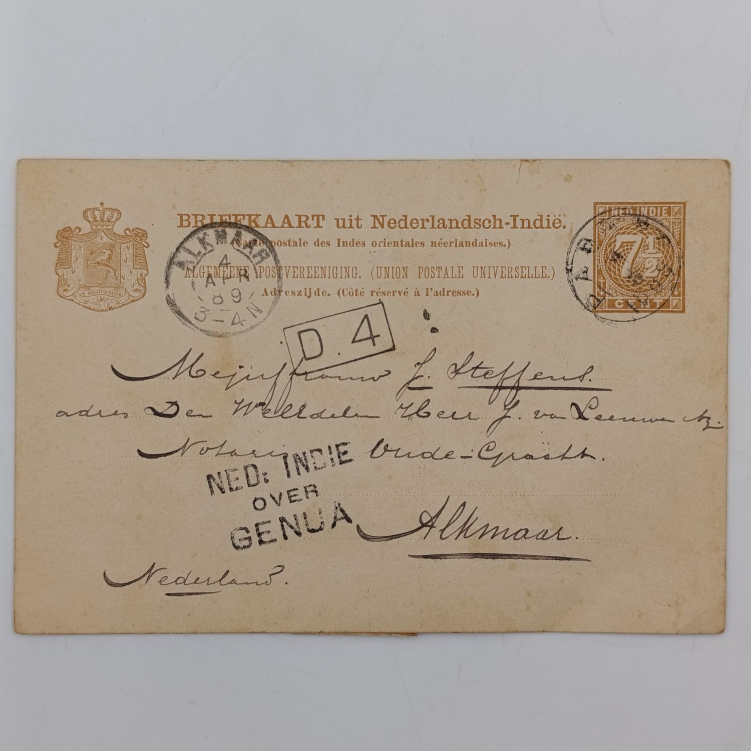 1889 postal card with 7.5c pre-printed postage - Nederlanandsche Indie to Almaar, Netherlands via Genua