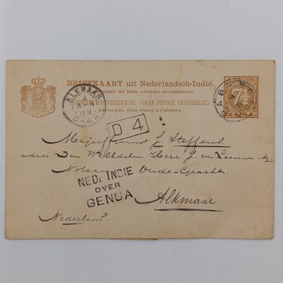 1889 postal card with 7.5c pre-printed postage - Nederlanandsche Indie to Almaar, Netherlands via Genua