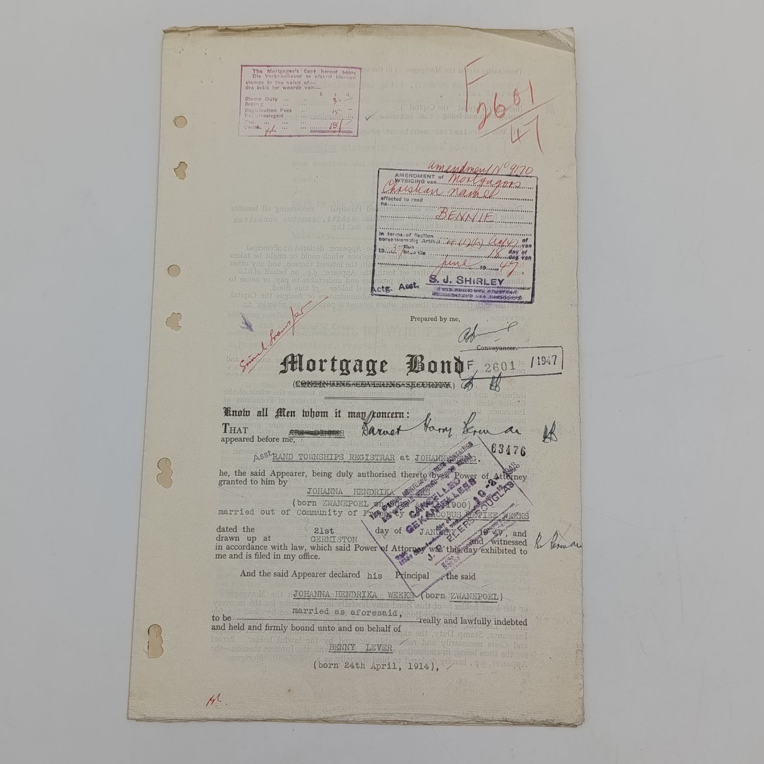 1947 Mortgage Bond granted by Bennie Lever to Johanna Hendrika Weeks (2nd bond after United Building society) on erf in Delville, Germiston - Power of Attorney and examination sheet for Rand Townships