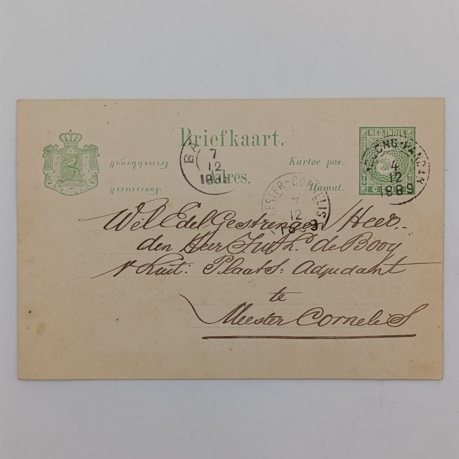 Nederlandsche Indie briefkaart van 1889 to Heer de Booy posted from Jandjongpandor to Meester Cornelis, Batavia with Rare Meester Cornelis receiving rubber cancel
